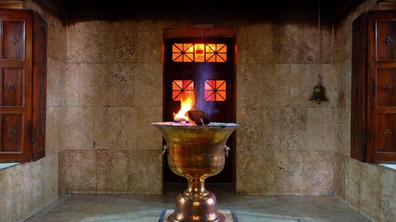 Zoroastrian Fire Temple with ancient elemet and fire in center belonge to zoroastrian in yazd